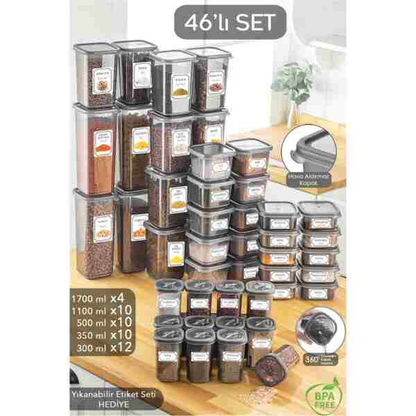 Meleni Home 46 Parça Kare Erzak Ve Bakliyat Saklama Kabıbaharat Seti 12x300ml 10x(350ML 500ML 1100ML) 4x1700ml