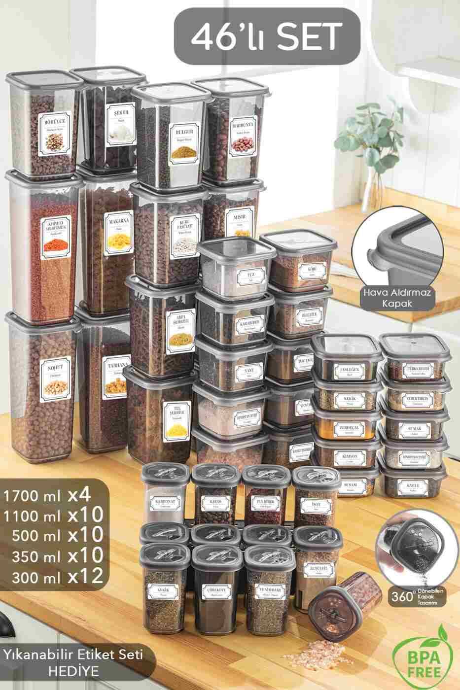 e6ba85b2e4c91434c121555dab108002 Meleni Home 46 Parça Kare Erzak Ve Bakliyat Saklama Kabıbaharat Seti 12x300ml 10x(350ML 500ML 1100ML) 4x1700ml - Görsel 1