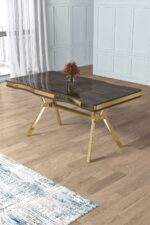 Canisa Prah Serisi 90x160 Lak Panel Antrasit Ironi Gold Ayak Masa Takımı 6 Cappucino Sandalye - Görsel 3