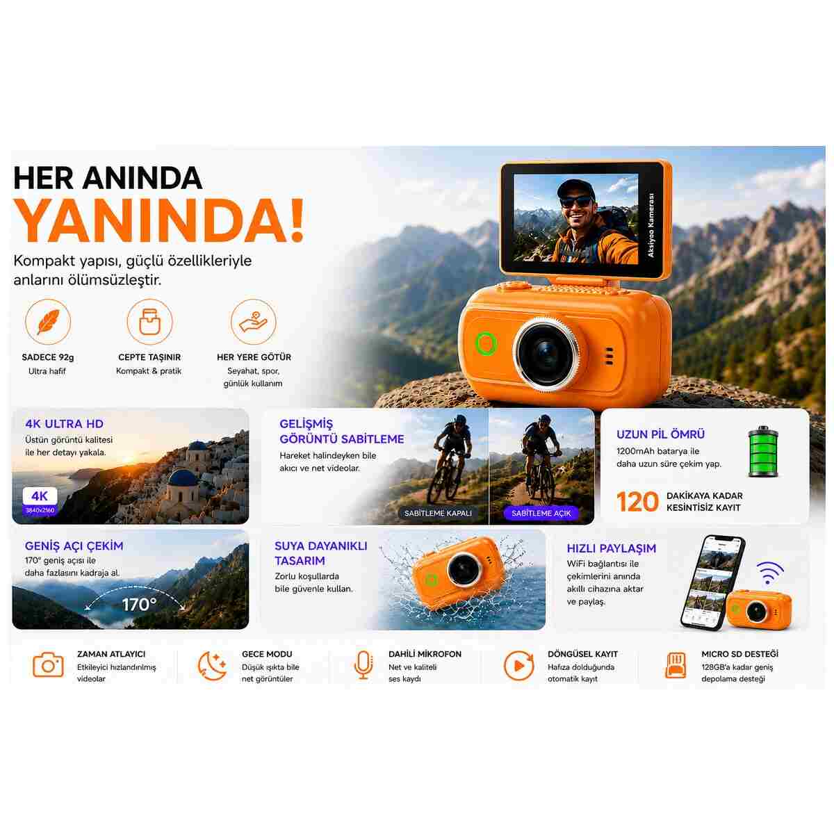 TARÇIN Viora 4K Aksiyon Kamerası Mini 180° Döner Ekran WiFi App Geniş Açı Taşınabilir Vlog Kamera - Görsel 7