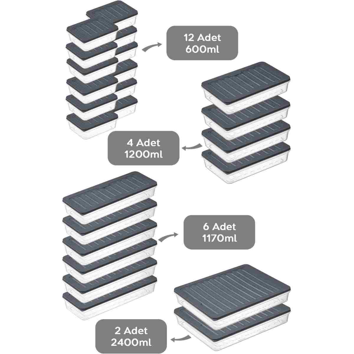 Meleni Home 24 Parça Saklama Kabı , Mikrodalga Uyumlu Saklama Kabı 2x2400Ml 4x1200Ml 6x1170Ml 12x600Ml Antrasit - Görsel 9