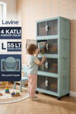 Lavine ”LARGE” 4 Katlı Portatif Organizer Tekerlekli Dolap Çok Amaçlı Mıknatıs Kapaklı Katlanır - BEYAZ - Görsel 12