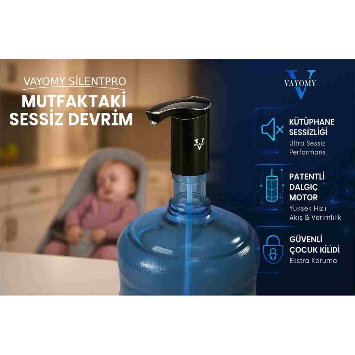 Vayomy SilentPro Sessiz Şarjlı Otomatik Damacana Su Pompası Dalgıç Motor Hızlı Dolum Çocuk Kilidi Bpa Free - Görsel 11