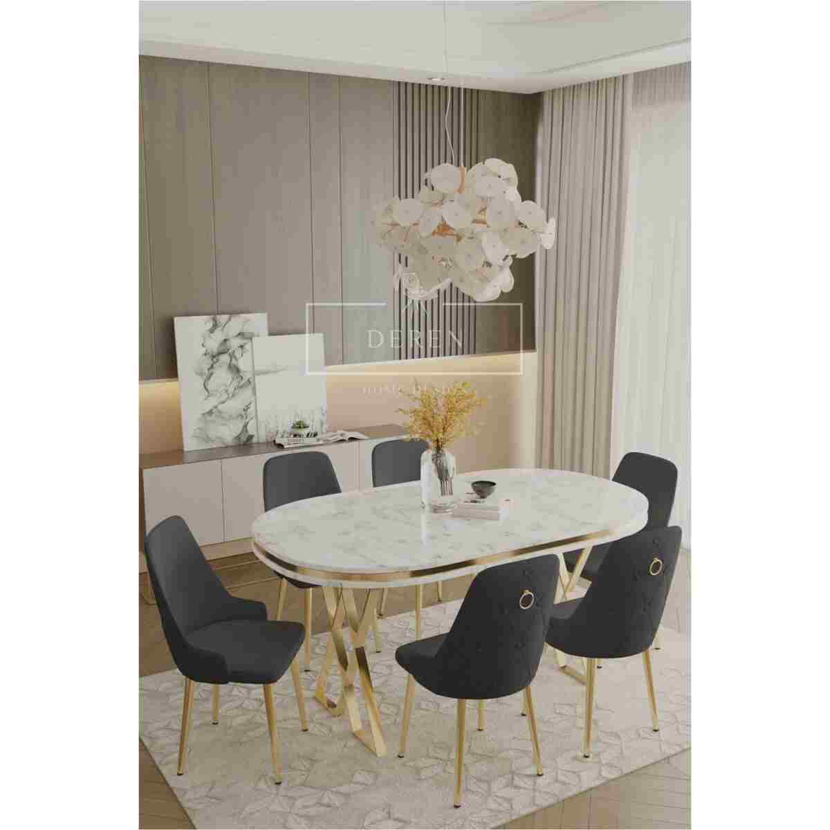 DEREN HOME Fe Serisi Lak Panel Mdf Beyaz Silinebilir Kumaş Gold Ayak Masa Takımı 6 Adet Krem Sandalye - Görsel 3