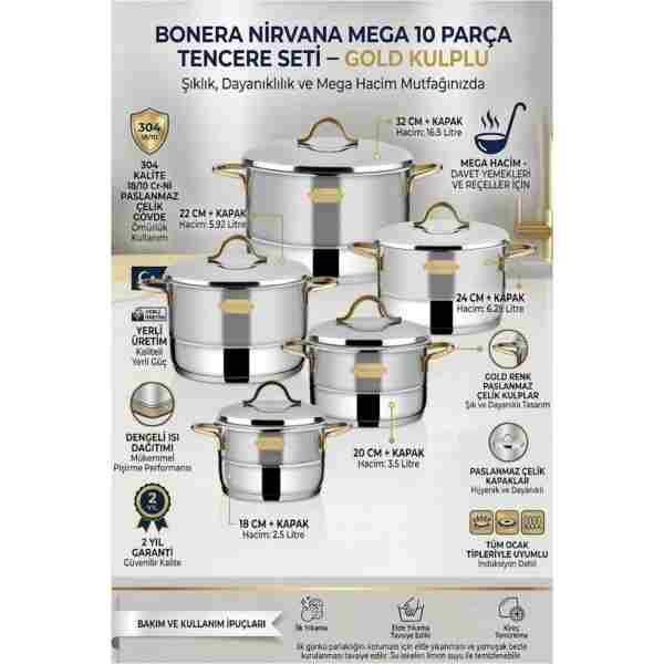 Bonera Nirvana Mega 10 Parça 304 Paslanmaz Çelik Tencere Seti – Gold Kulplu