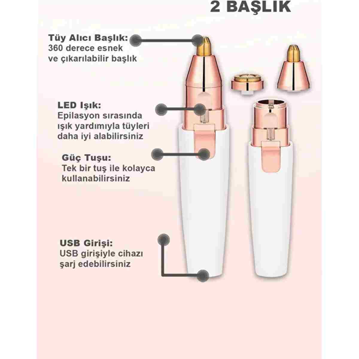 Canderel Şarjlı 2 Başlıklı Yüz Kaş Kıl Bıyık Tüy Alma Aleti Usb Epilatör Işıklı Pratik Epilasyon Cihazı - Görsel 10