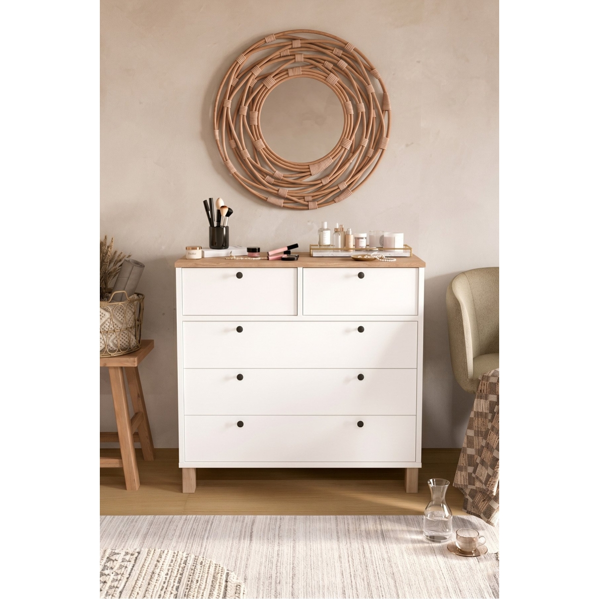 Yurudesign Nord Şifonyer 5 Çekmece Ahşap Ayaklı Sepet-Beyaz ND3-SW - Görsel 9
