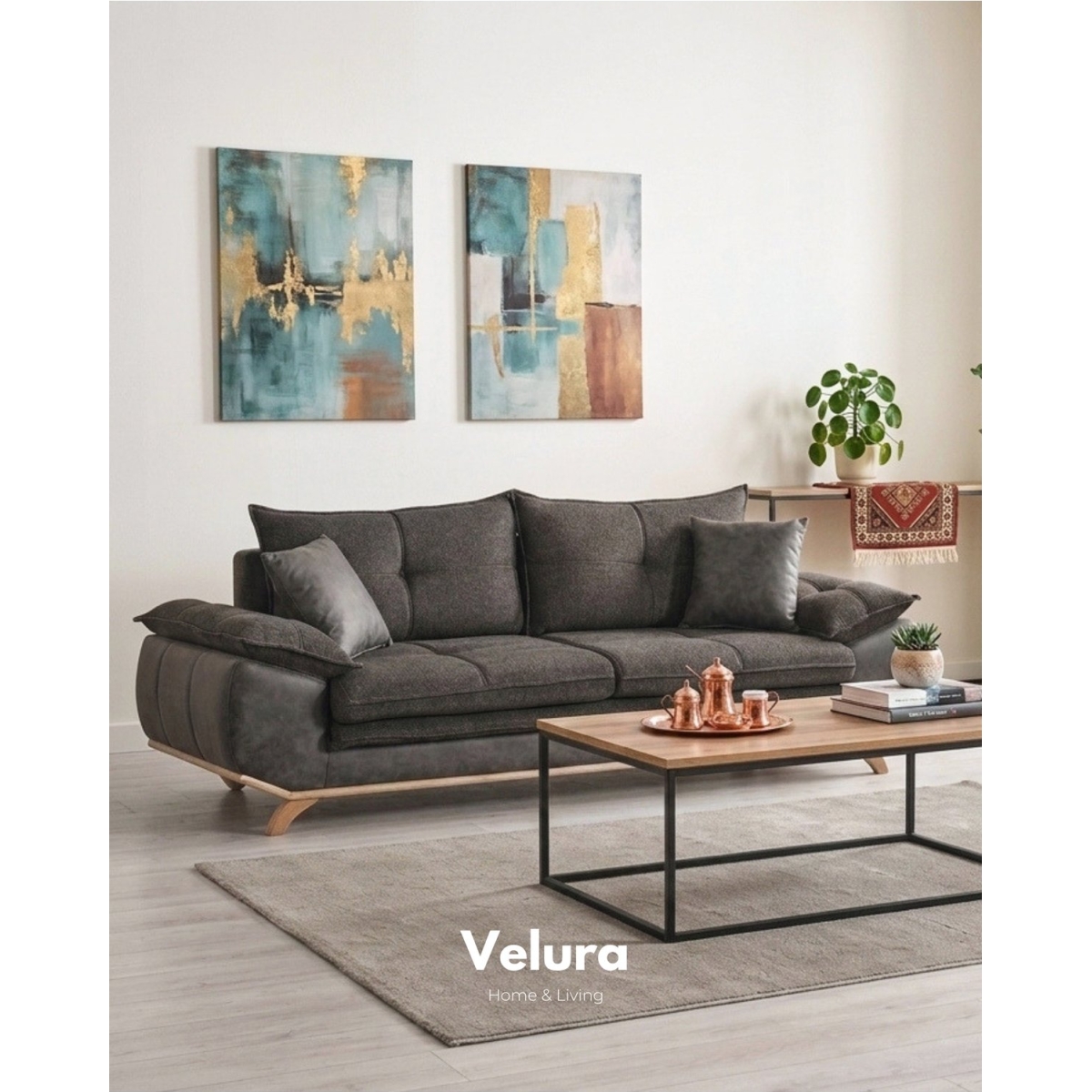 Velura Home & Living Azir Yataklı Koltuk & Bazalı Koltuk & Üçlü Kanepe (3'LÜ) - Gri Nubuk Bukle Kumaş - Görsel 9