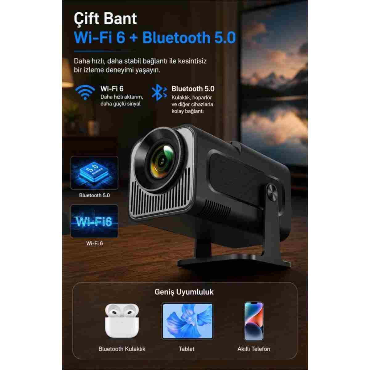Torima Projeksiyon Cihazı Taşınabilir Ev Sineması Bluetooth Android Akıllı Projektör HY320 Mini Siyah - Görsel 8