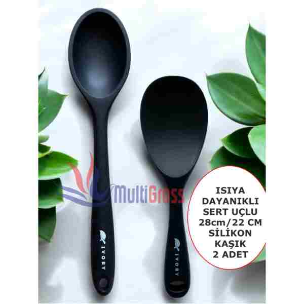 Multiamo İvory Sert Uçlu Isıya Dayanıklı Yanmaz Yapışmaz Silikon Uzun Kaşık 28 Cm + Kısa Kaşık 22 Cm / 2 Adet