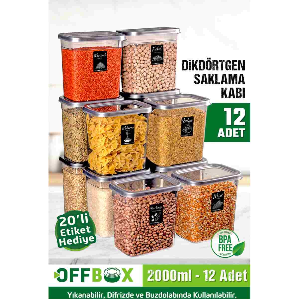 OFFBOX 12 Adet 24 Parça 2 Litre Dikdörtgen Erzak Bakliyat Saklama Kabı Seti 20 Etiket Hediyeli - Görsel 9