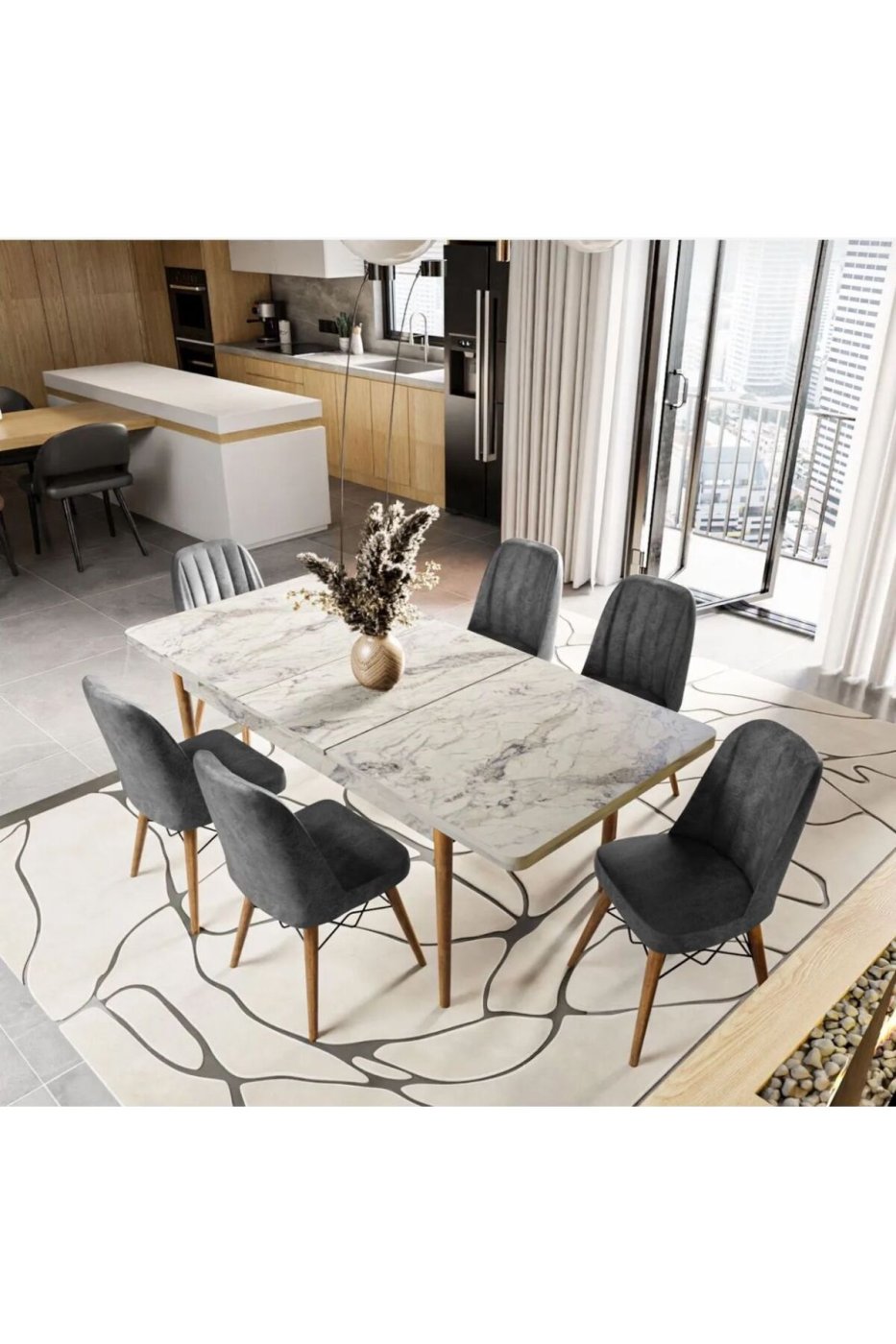 e9ffe581e7c8054ae0198e21f8abda4e UZMHOME EZGİ 6 Kişilik Açılır Masa Sandalye Takımı Mutfak Masası Takımı Salon Masası Yemek Masası Takımı - Görsel 1