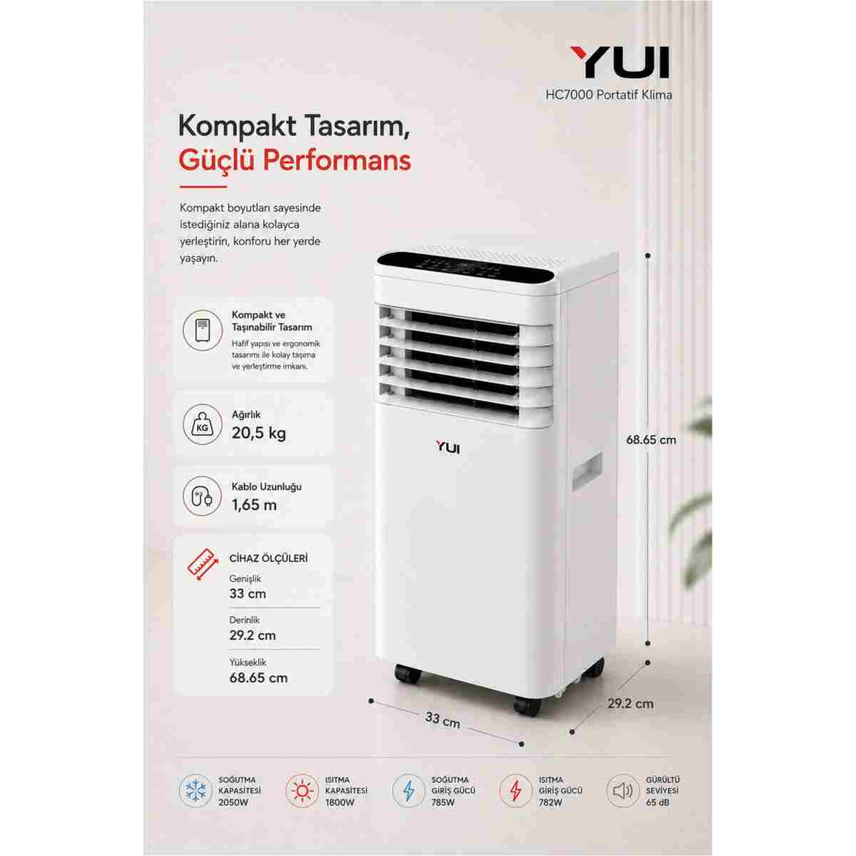 Yui HC7000 7000 BTU Soğutmalı & 6140 BTU Isıtma Portatif Klima (Uzaktan Kumandalı) - Görsel 4