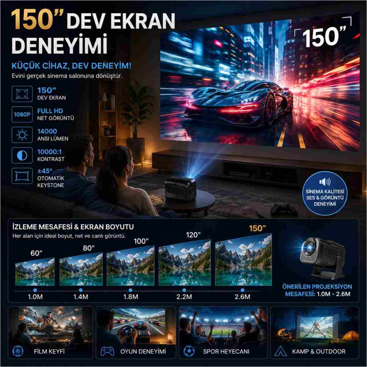 TARÇIN Taşınabilir 4K Destekli Full HD Projektör Oda Nemlendiricisi Hediyeli - 270° Döner Gövde - Görsel 2