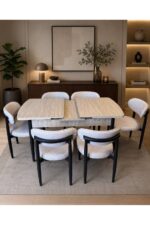 TOCE HOME Polo Serisi 80x130 Açılabilir Travertan Masa Takımı ve 6 Adet Polo Sandalye