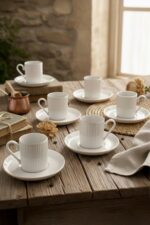 Kitchen Life Özel Tasarım Porselen Altın 12 Parça 6 Kişilik Çizgili Kahve Fincan Takımı 100 ml - Kahve Fincanı