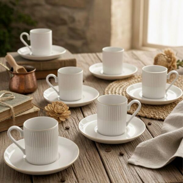 Kitchen Life Özel Tasarım Porselen Altın 12 Parça 6 Kişilik Çizgili Kahve Fincan Takımı 100 ml - Kahve Fincanı