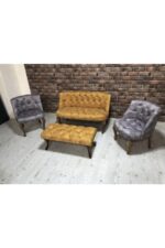 ElizzanMobilya Sarı ve Gri Çay Seti Berjer Koltuk Takımı 2+1+1 Koltuk Bench Bank