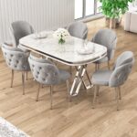 Canisa Zae Serisi 90x168 Lak Panel Beyaz Mermer Desen Krom Ayak Masa Takımı 6 Gri Sandalye