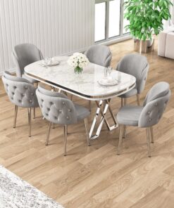 Canisa Zae Serisi 90x168 Lak Panel Beyaz Mermer Desen Krom Ayak Masa Takımı 6 Gri Sandalye