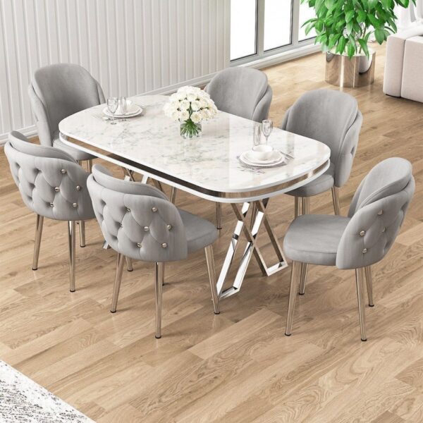 Canisa Zae Serisi 90x168 Lak Panel Beyaz Mermer Desen Krom Ayak Masa Takımı 6 Gri Sandalye