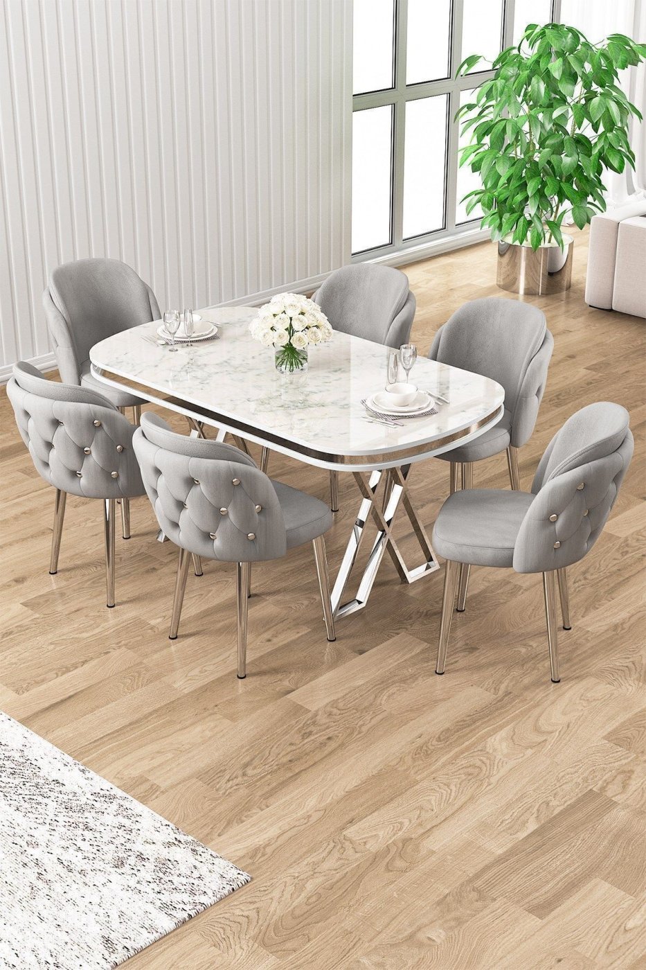 ec1a665d41ca3ffa5779e3f6557e80ea Canisa Zae Serisi 90x168 Lak Panel Beyaz Mermer Desen Krom Ayak Masa Takımı 6 Gri Sandalye - Görsel 1