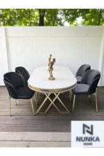 NUNKA HOME Arya Gold Line Serisi Antrasit Renk +6 Sandalyeli Mdf Lak Panel Beyaz Masa Takımı - Görsel 4