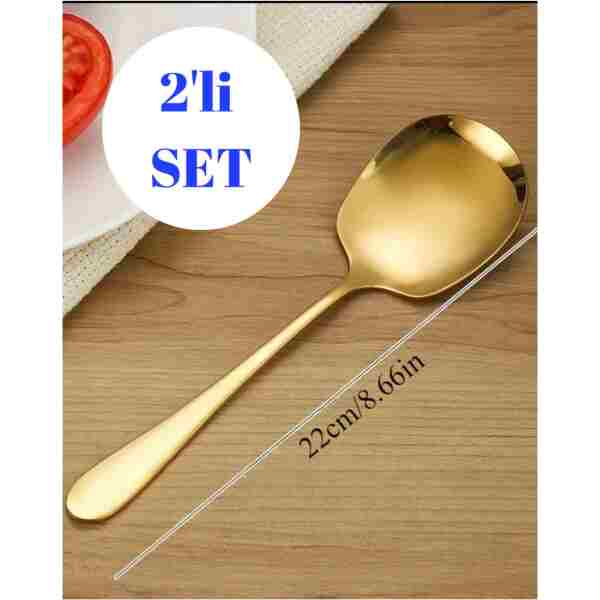 BRE HOME 2'li Gold Renk Servis Kaşığı Seti – 22 Cm Paslanmaz Çelik Pilav Ve Sunum Kaşığı