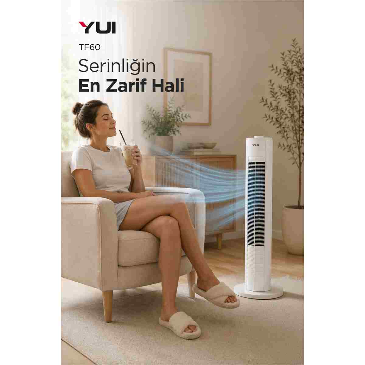 Yui TF60 60W 90 Cm 3 Hız Ayarlı Kule Tipi Vantilatör Fan - Beyaz - Görsel 2