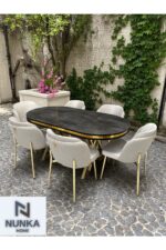 NUNKA HOME Arya Gold Line Serisi Krem Renk +6 Sandalyeli Mdf Lak Panel İroni Masa Takımı - Görsel 3