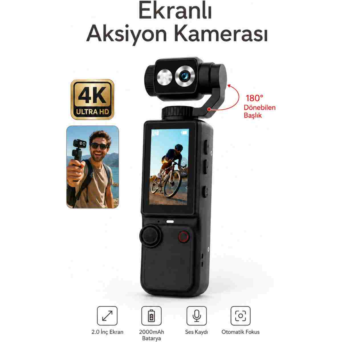 SEYUTECH 4K Ultra HD Mini Aksiyon Kamerası 2.0 inç Ekranlı Mikrofon Destekli Oto Fokus Özellikli 180° Döner Başlıklı Vlog Kamera - Görsel 8