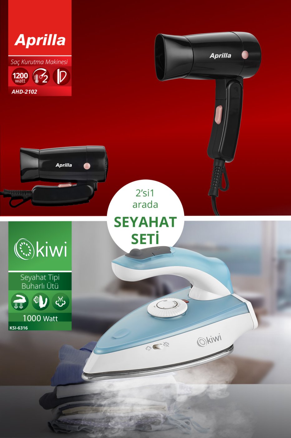 Kiwi Kats-12 2'si 1 Arada Katlanabilir Ütü ve Saç Kurutma Makinesi Dahil Seyahat Seti