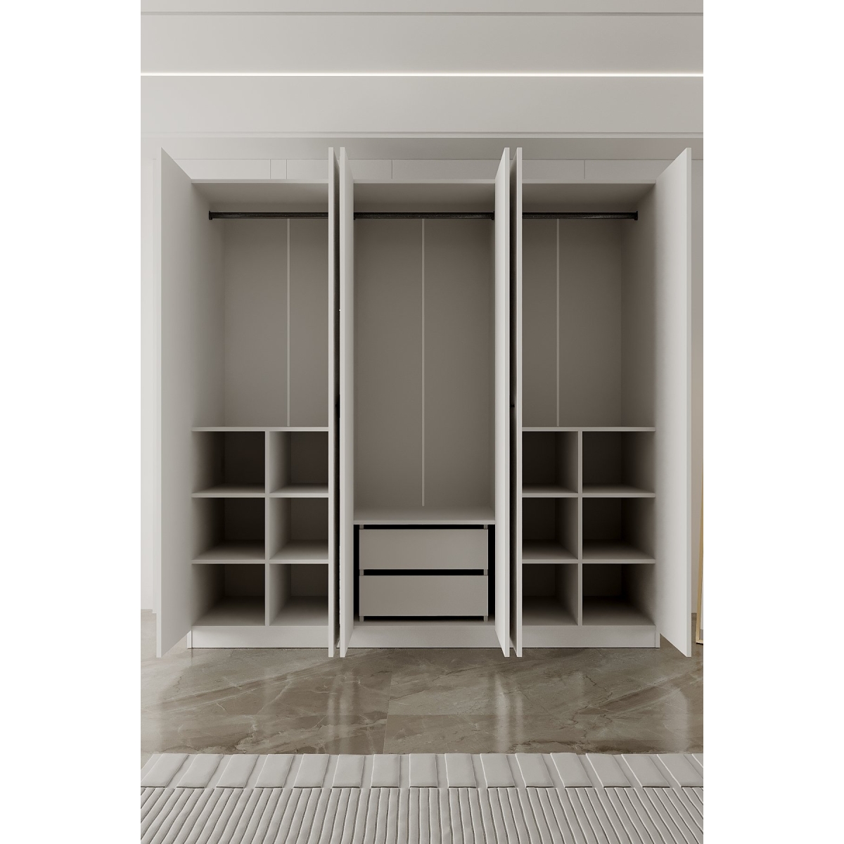 AEKA AE-2191 Hisar Beyaz/Beyaz Aynalı 6 Kapaklı Çok Bölmeli Askılı ve Raflı Geniş Hacimli Gardırop 210x210 cm - Görsel 7