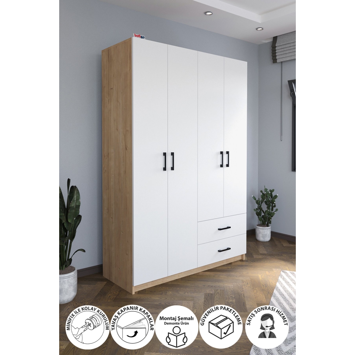 Bofigo 6 Kapaklı 16 Raflı Gardırop Elbise Dolabı 6 Kapaklı Gardırop Smyrna Safir Meşe Beyaz - Görsel 9
