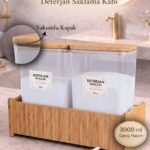 Lizzy 2 ' Li Ahşap Standlı Ahşap Vakumlu Kapaklı Deterjan Kutusu Kavanozu 3000 ml Renkliler Beyazlar