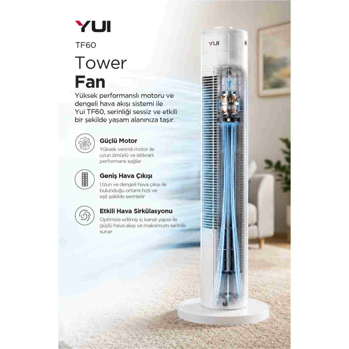 Yui TF60 60W 90 Cm 3 Hız Ayarlı Kule Tipi Vantilatör Fan - Beyaz - Görsel 5