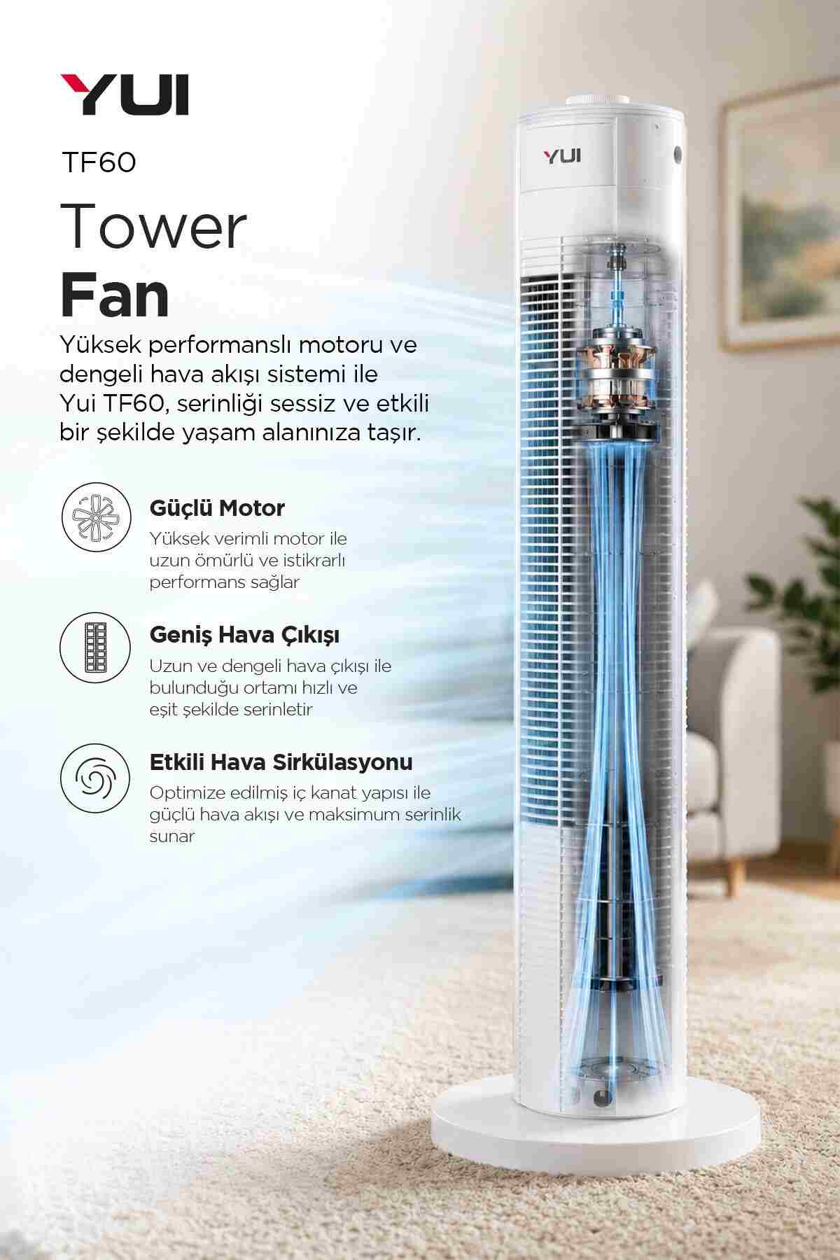 Yui TF60 60W 90 Cm 3 Hız Ayarlı Kule Tipi Vantilatör Fan - Beyaz - Görsel 5