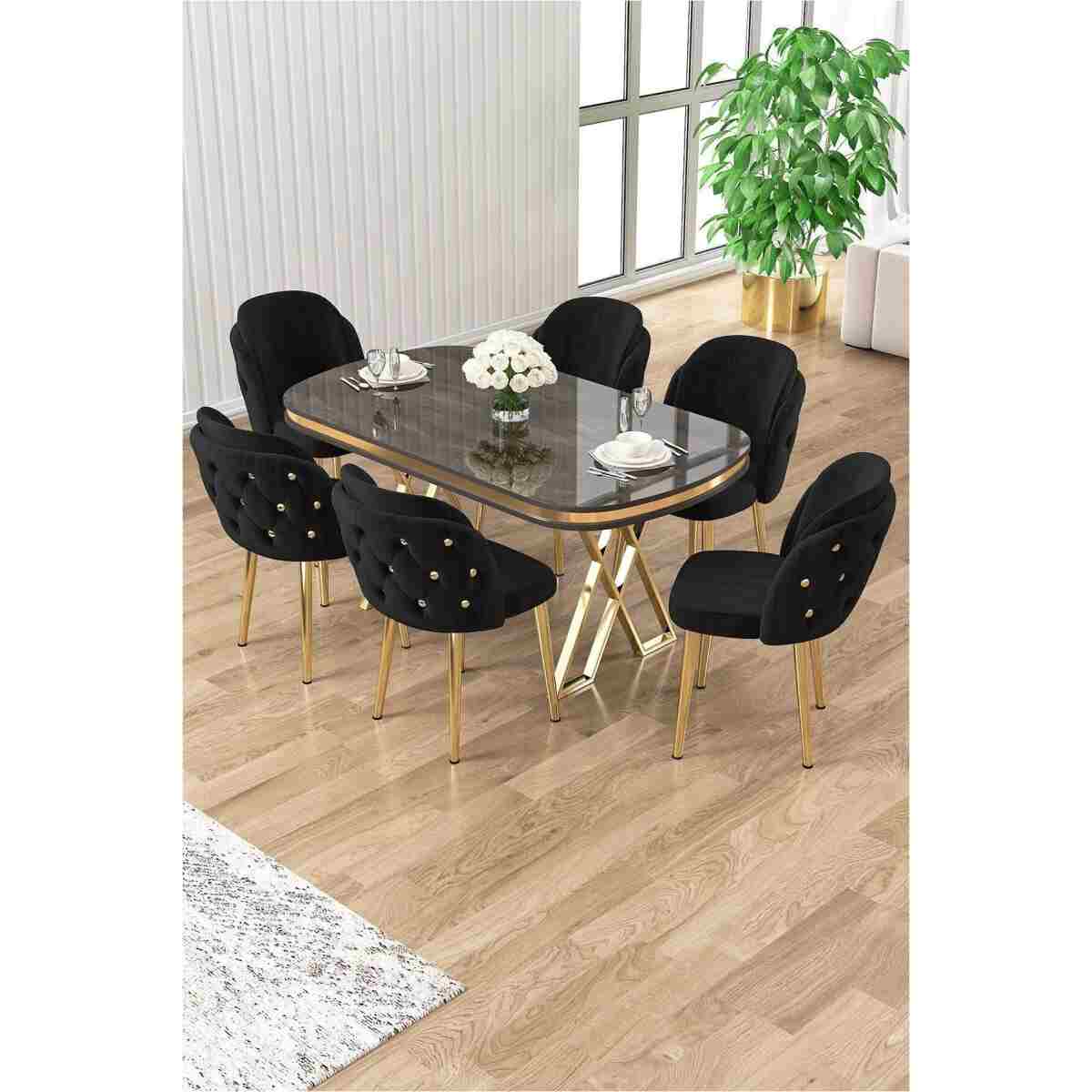 Canisa Zae Serisi 90x168 Lak Panel Antrasit Ironi Gold Ayak Masa Takımı 6 Gri Sandalye - Görsel 6