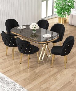 Canisa Zae Serisi 90x168 Lak Panel Antrasit Ironi Gold Ayak Masa Takımı 6 Gri Sandalye - Görsel 6