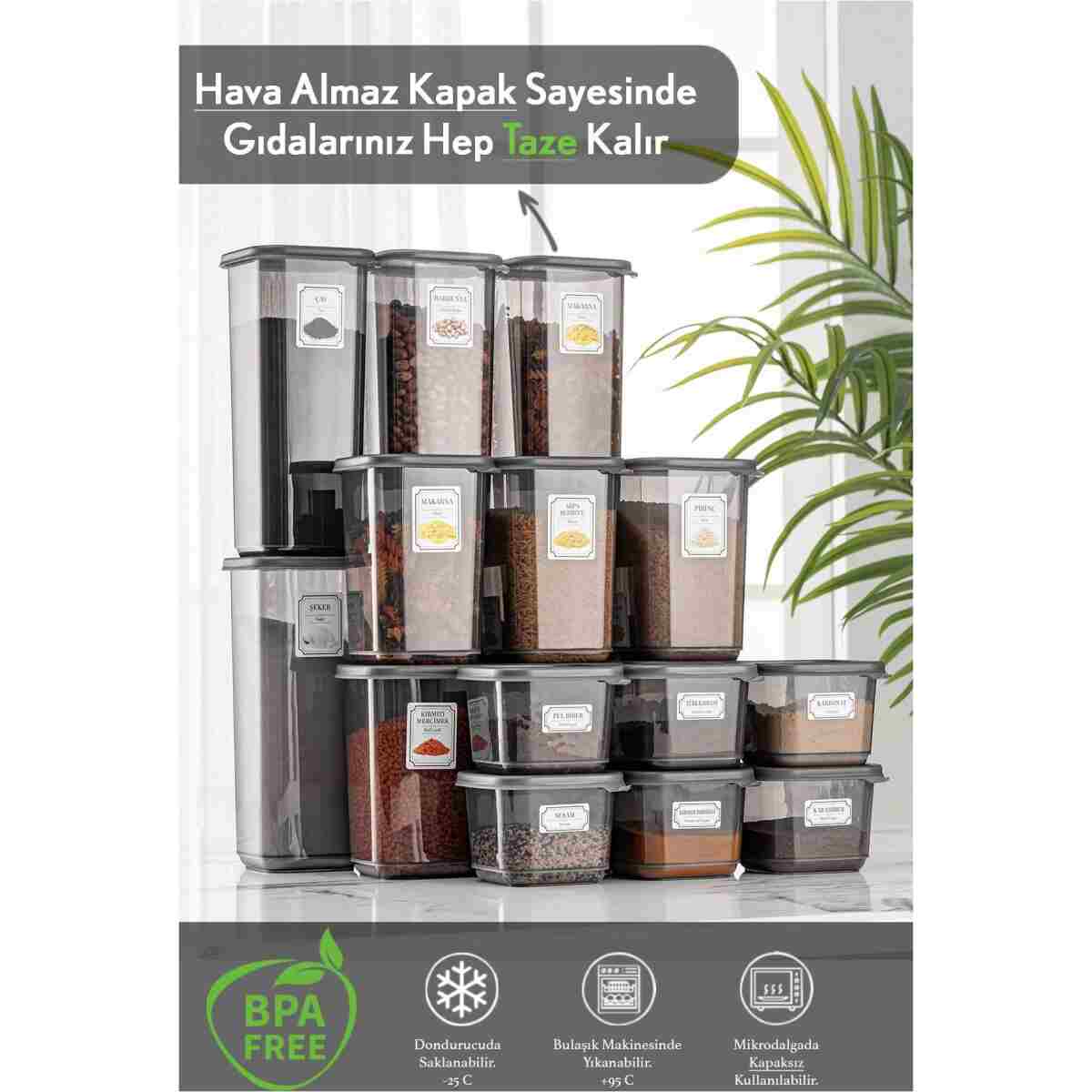 Meleni Home 18'li Set Kapaklı Kare Erzak Saklama Kabı Antrasit 6x(0,50 LT-1,10 LT -1,70 LT) Etiketli Baharatlık - Görsel 5
