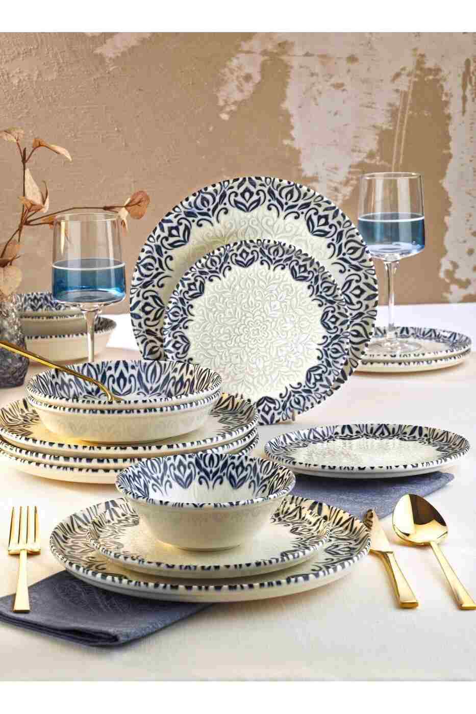 f0857499a526c07c237316edc652e7be Kitchen Life 24 Parça 6 Kişilik Lale Lacivert Kenarlı New Bone Porselen Yemek Takımı - Çorba Servis Yemek Tabak - Görsel 1