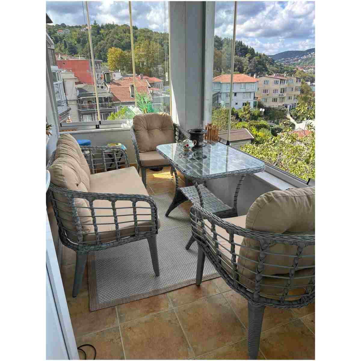 Tu Tienda KARTEPE ALÜMİNYUM 2 1 1 RATTAN BAHÇE BALKON TAKIMI,GRİ RATTAN/KREM KUMAŞ - Görsel 10