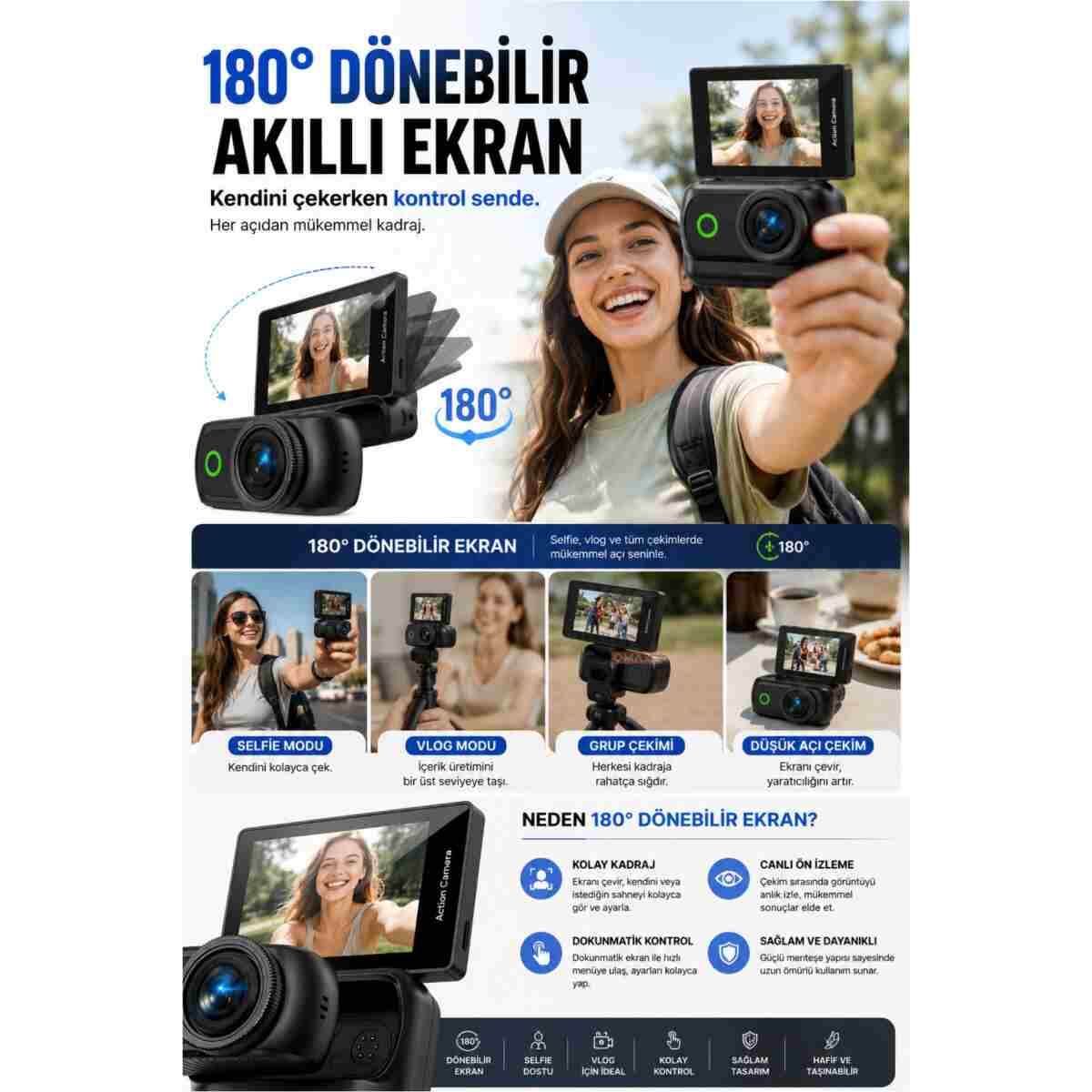 Omaze 4K Ultra HD Hareketli Ekranlı Profesyonel Aksiyon Kamerası Manyetik Tutuş Flip Ekran Full Aparat - Görsel 9