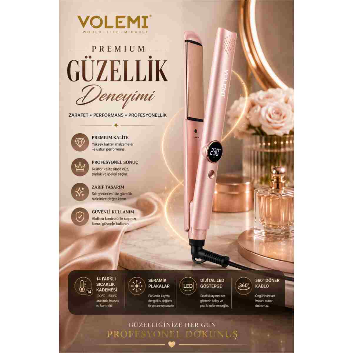 VOLEMİ V-074 Profesyonel Saç Düzleştirici 14 Kademeli Isı Ayarı Dijital LED Ekran Seramik Plaka 100-230°C - Görsel 7
