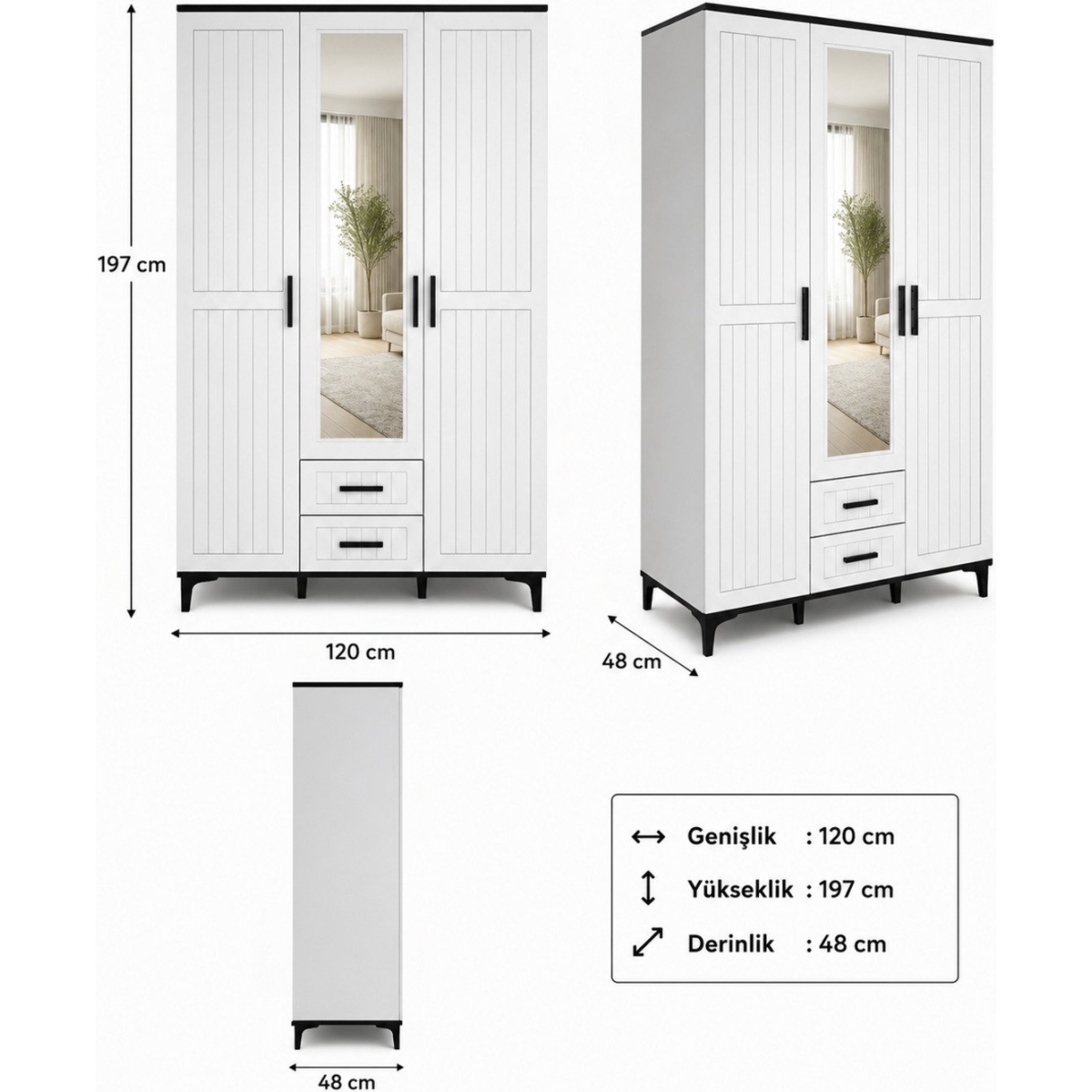 ORİDA HOME Luna 3 Kapaklı 2 Çekmeceli Mega Ölçü Dolap 120 Cm - Görsel 6