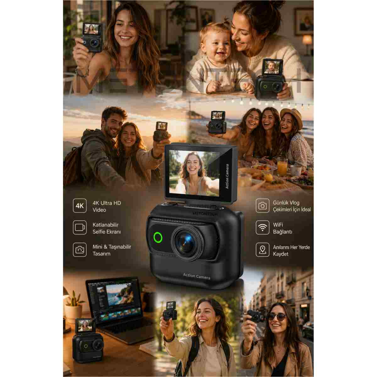 METONTECH mini 4K Aksiyon Kamerası Wi-Fi | VLOG, Açılabilir Selfie Ekranı | Manyetik Şarj Kutusu, Siyah - Görsel 2