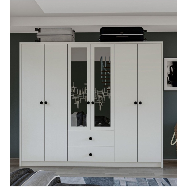 Metalia Gm 036 Lüx Düğme Kulplu 6 Kapı 2 Çekmeceli Aynalı Gardırop