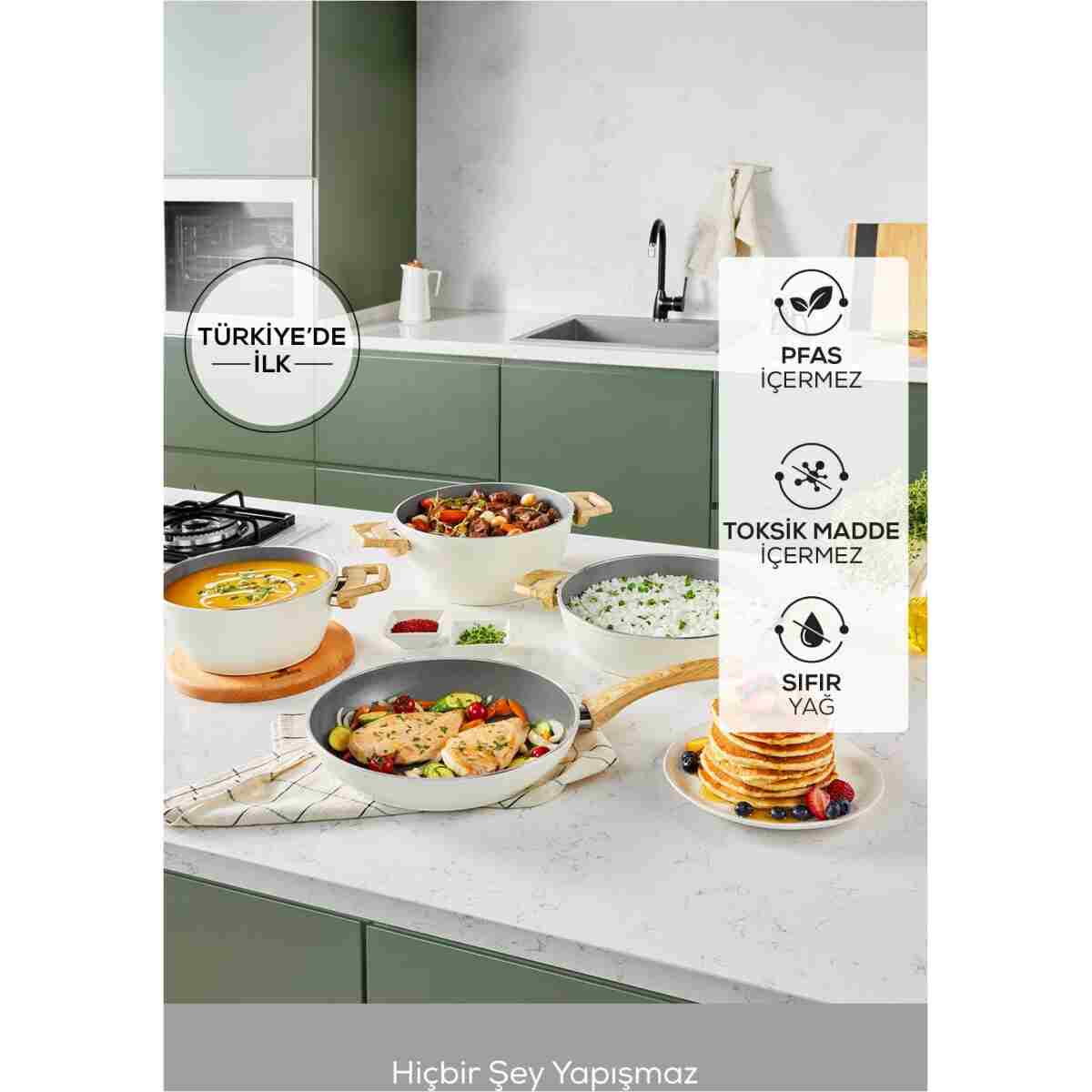 Karaca X Refika Swiss Crystal 7 Parça 0 Yağ İle Yanmaz Yapışmaz Tencere Seti Creamy - Görsel 10