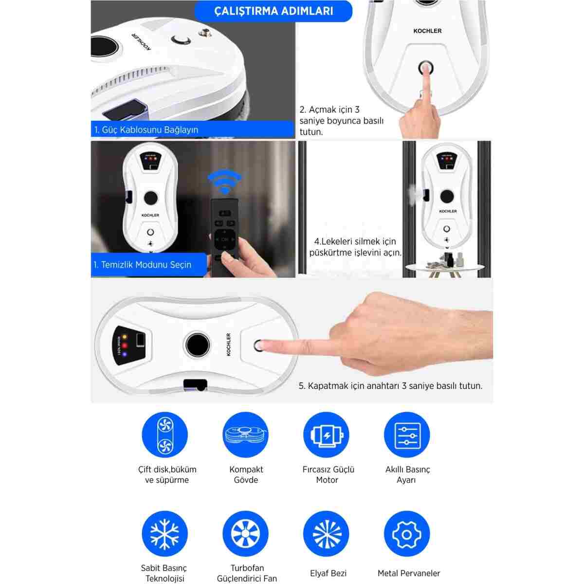 kochler Akıllı Cam Silme Robotu - Vakumlu Cam Silme - Cam Temizleme Robotu - Görsel 12