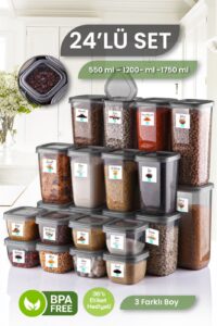 MYBOX 24'lü Set Etiketli Kare Erzak Saklama Kabı - Bakliyat Saklama Kutusu Baharatlık 8x(550-1200-1750 ML)
